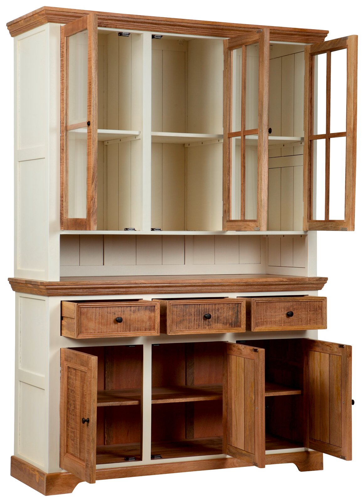 Vitrinenschrank aus Holz mit offenen Türen und Schubladen, frontal betrachtet.