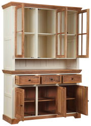 Vitrinenschrank aus Holz mit offenen Türen und Schubladen, frontal betrachtet.