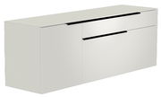 Weißes Hänge-Lowboard mit zwei Türen und einer Schublade, perspektivisch von vorne links betrachtet.