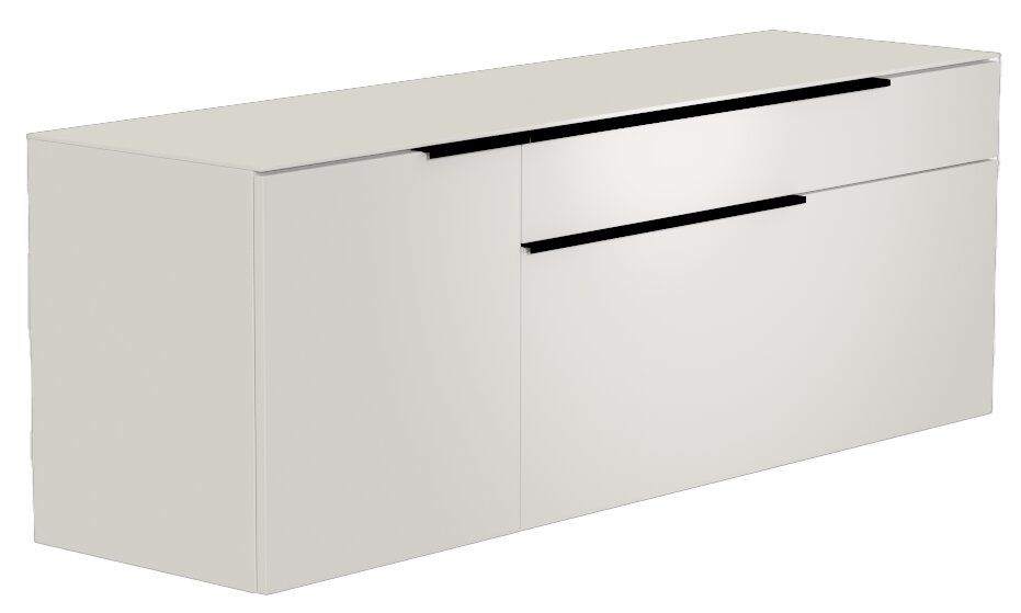 Moderano Hänge-Lowboard BORMIO Weißes Hänge-Lowboard mit zwei Türen und einer Schublade, perspektivisch von vorne links betrachtet.