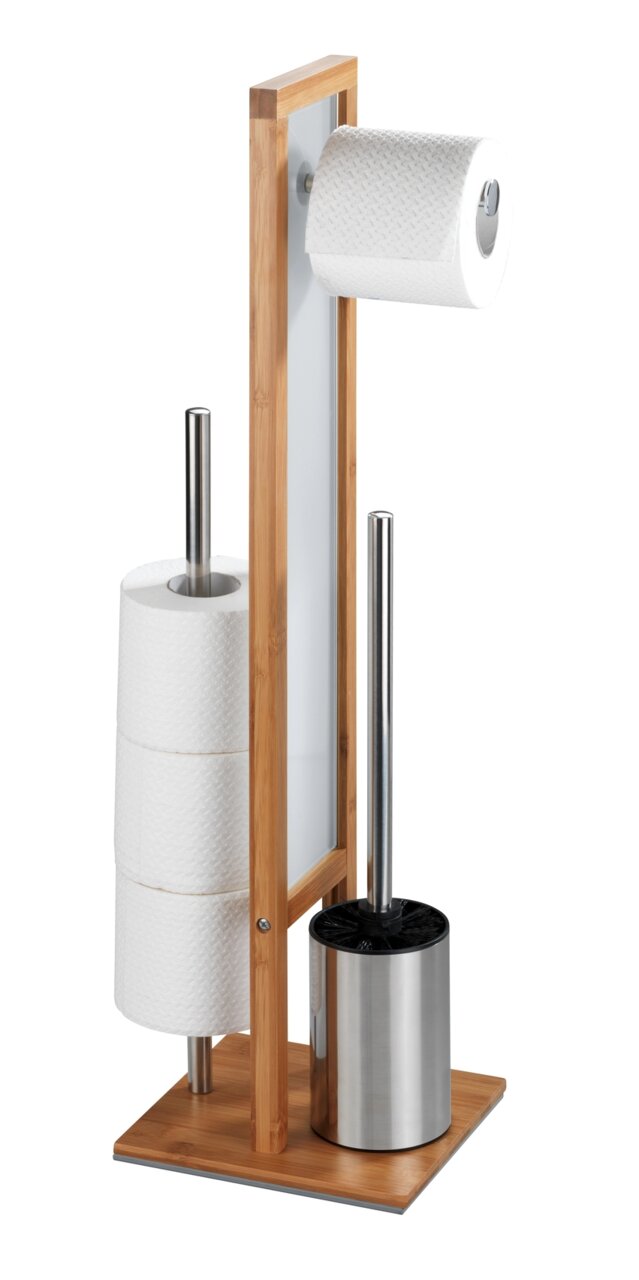 Stand WC-Garnitur aus Bambus mit Toilettenpapierhalter und Bürstenhalter, seitliche Perspektive