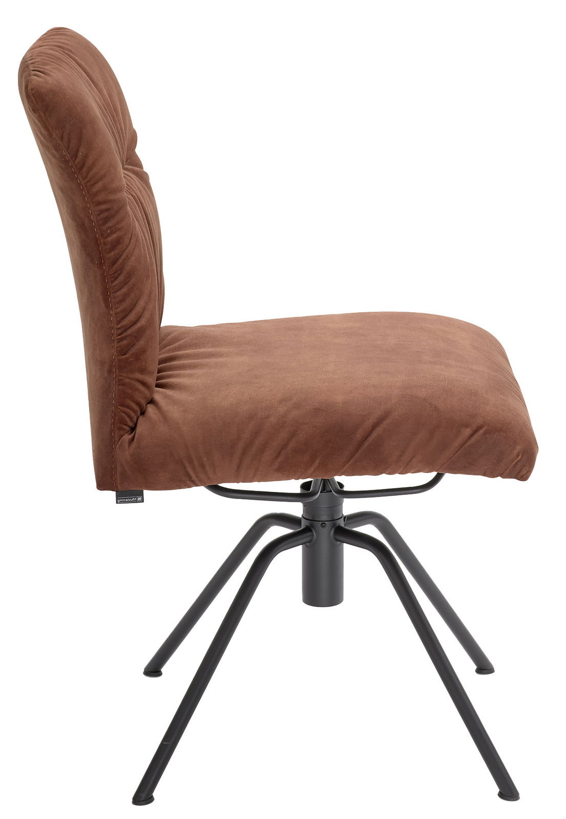 Seitenansicht eines braunen Stuhls mit schwarzem Metallgestell und gepolsterter Rückenlehne.