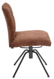 Seitenansicht eines braunen Stuhls mit schwarzem Metallgestell und gepolsterter Rückenlehne.