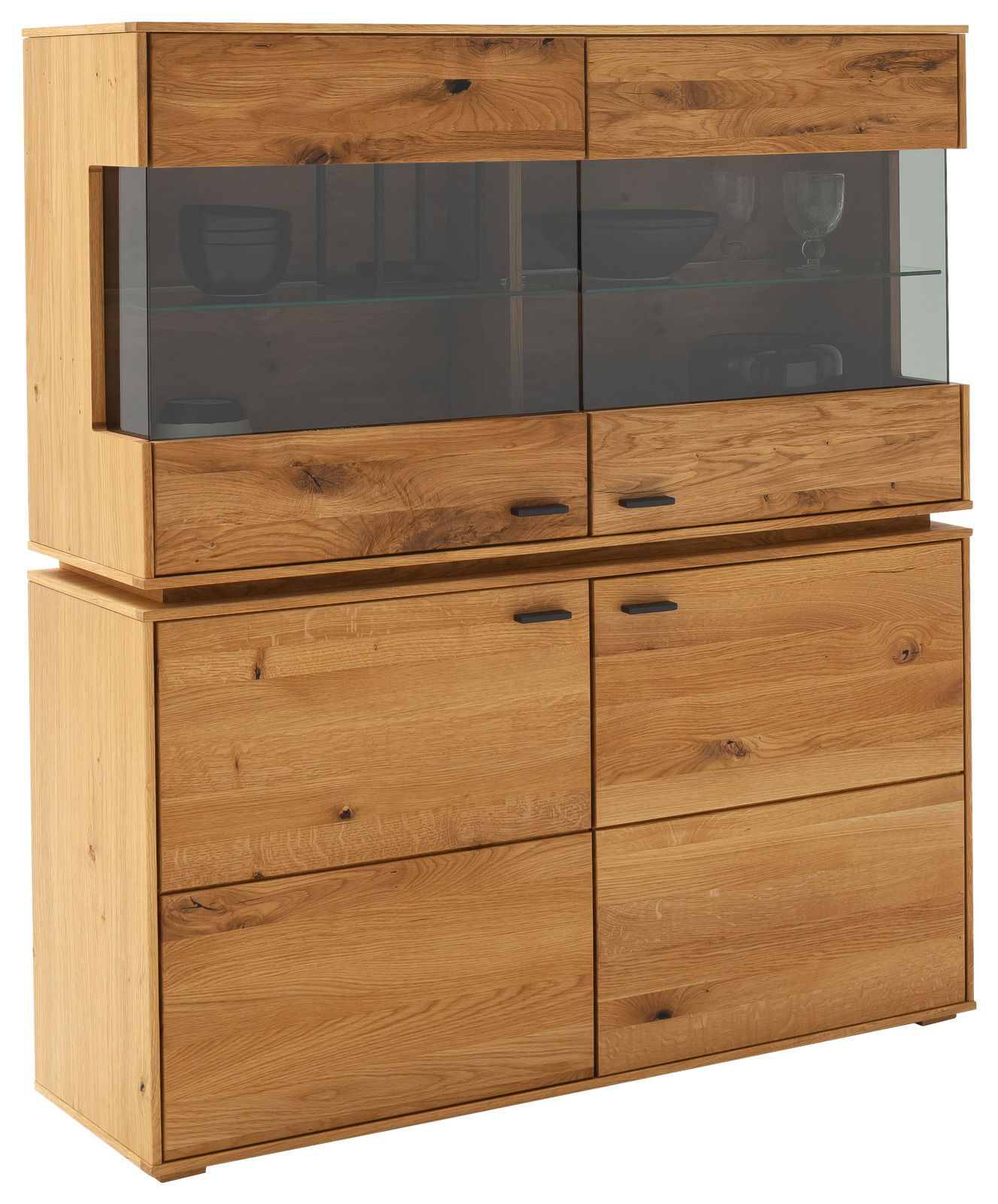 Hochwertiges Highboard aus Holz mit Glaseinsatz, seitliche Perspektive