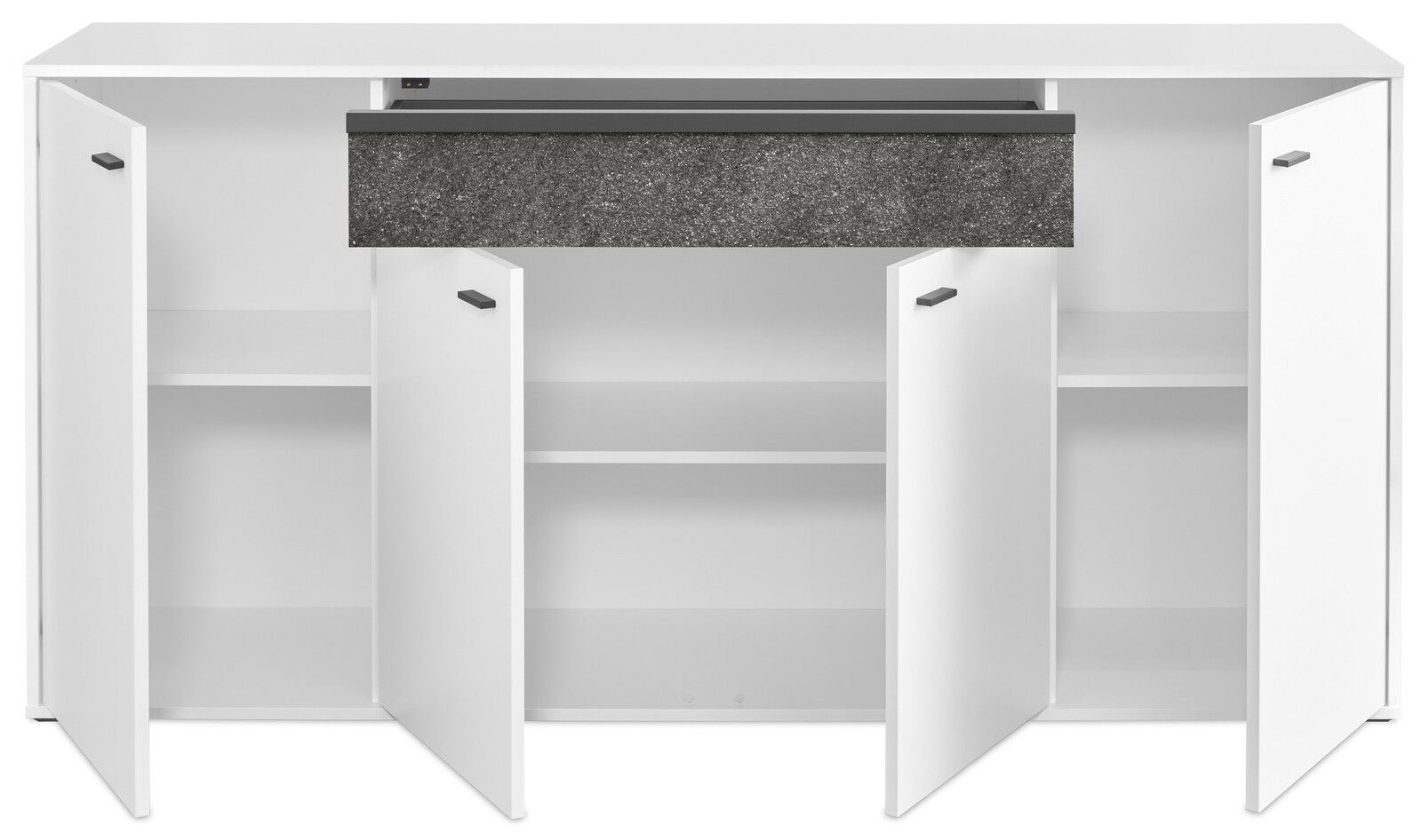 Weißes Sideboard mit vier offenen Türen und einer Schublade in Steinoptik, Frontalansicht