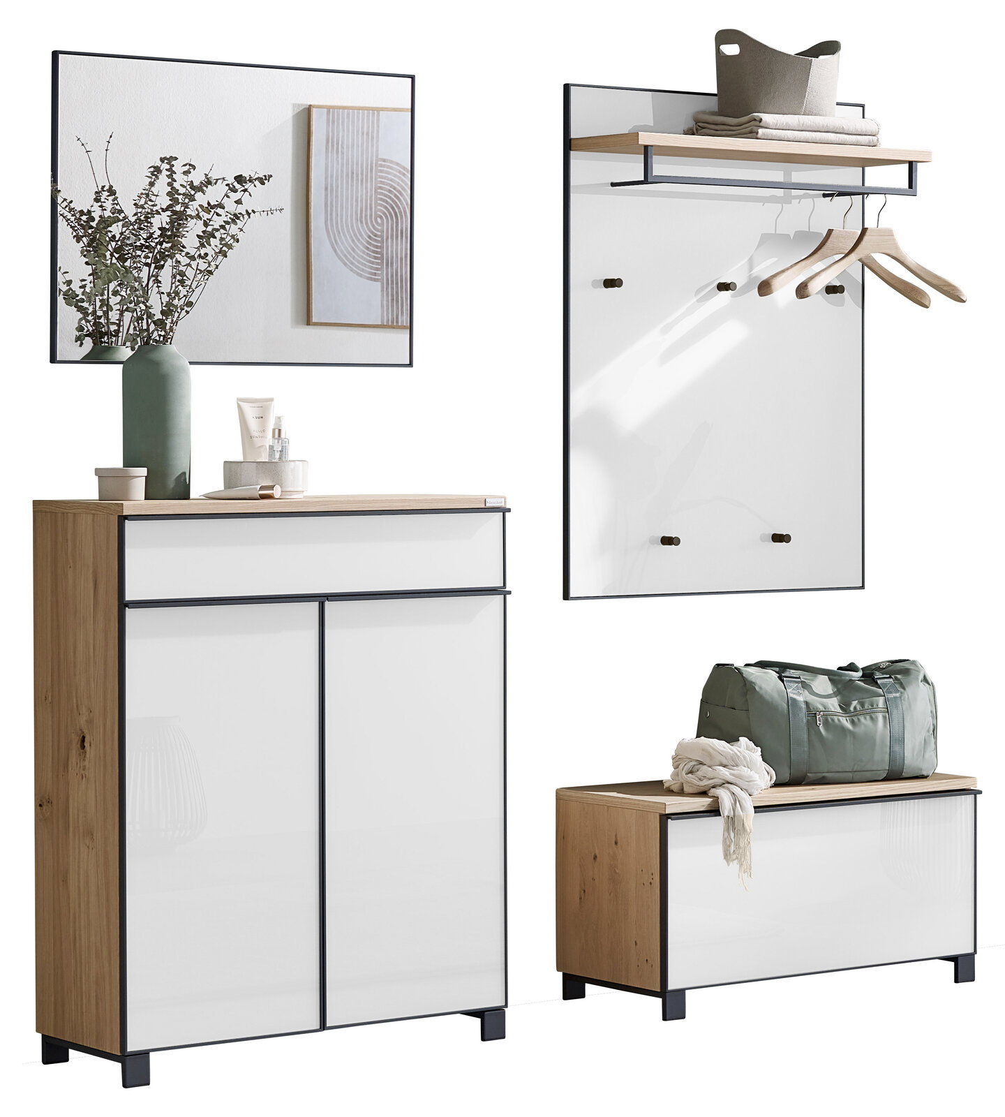 Dieter Knoll Garderoben-Set 4-tlg. ATINA Modernes Garderoben-Set in Weiß und Holzoptik mit Spiegel, Wandgarderobe und Schuhbank, gezeigt in Frontansicht mit leicht schräger Perspektive auf weißem Hintergrund