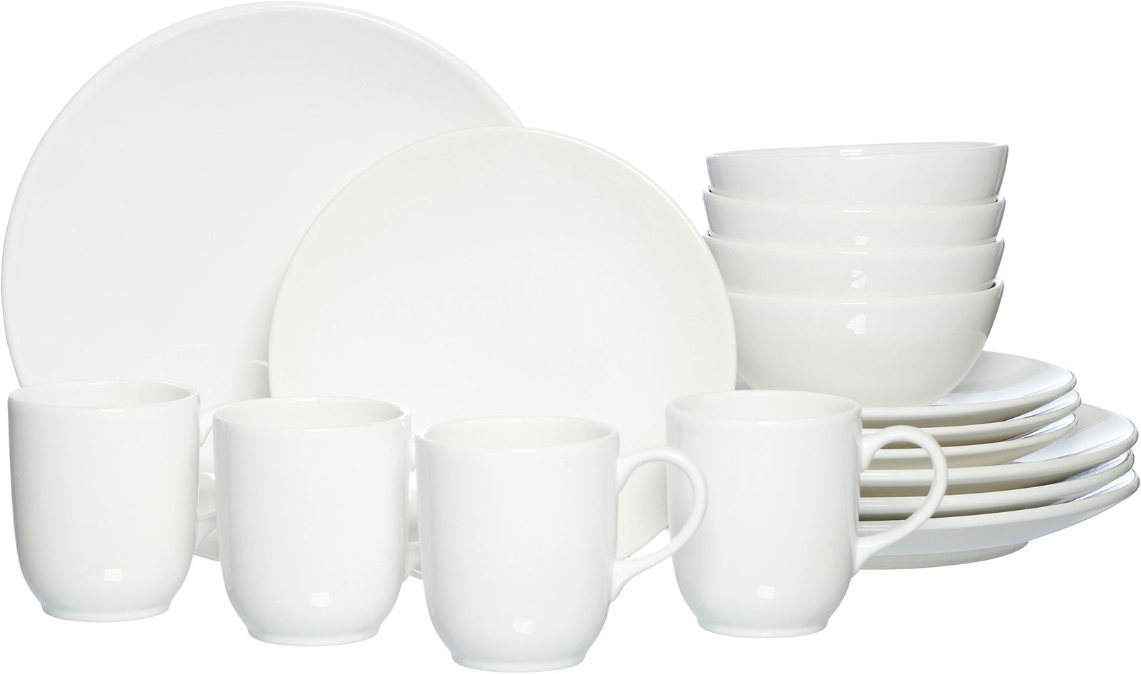 Weißes 16-teiliges Kombiservice Lund, bestehend aus Tellern, Schalen und Tassen, aus frontaler Perspektive.