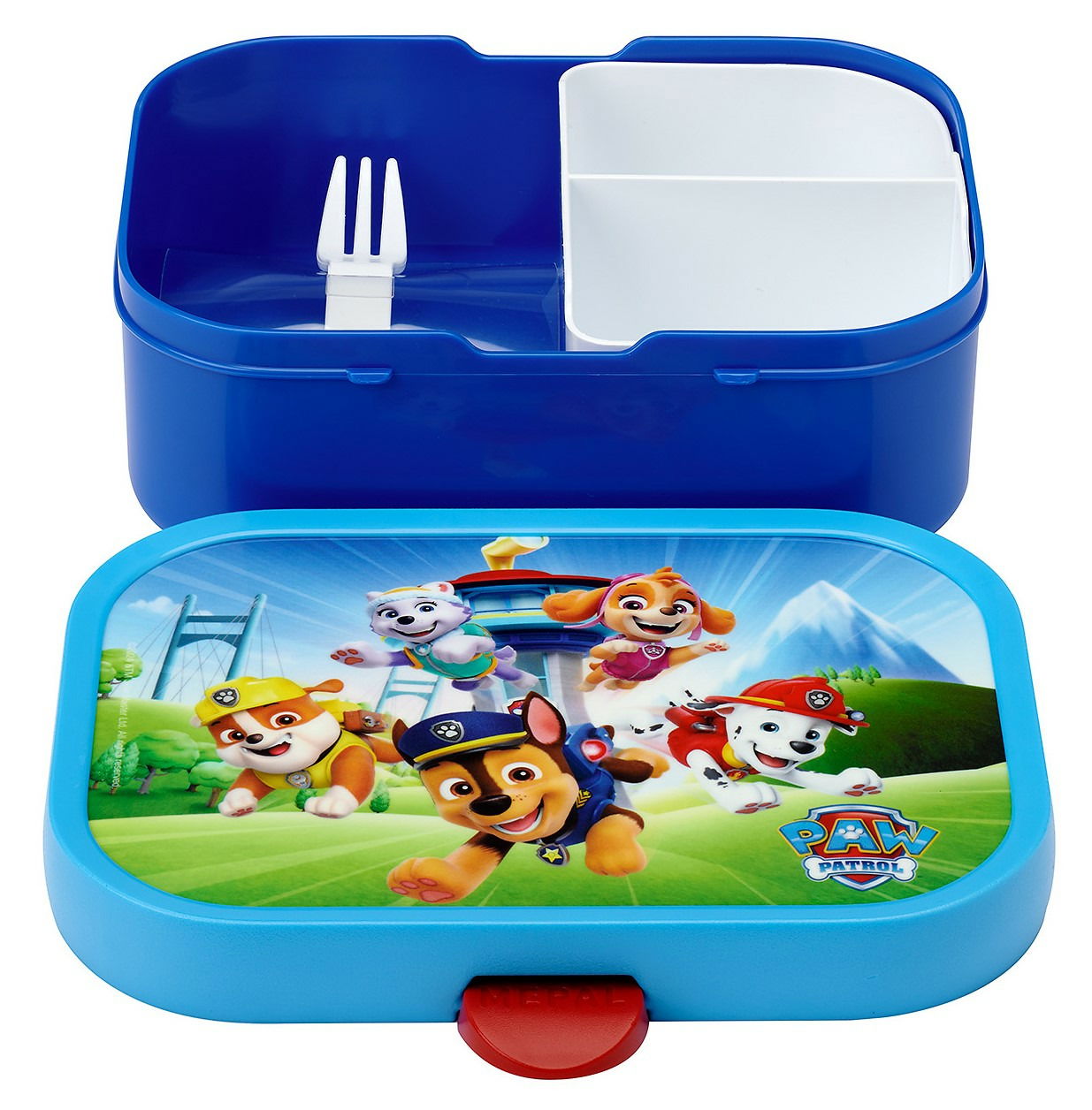 Paw Patrol Lunchbox mit offenem Deckel, zeigt Innenfächer und Gabel, Perspektive von oben.