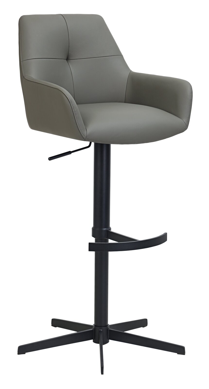 Novel Barhocker MEDUSA Moderner Barhocker mit gepolstertem Sitz und Rückenlehne in grauem Leder, schwarzem Metallgestell und Fußstütze, seitliche Perspektive