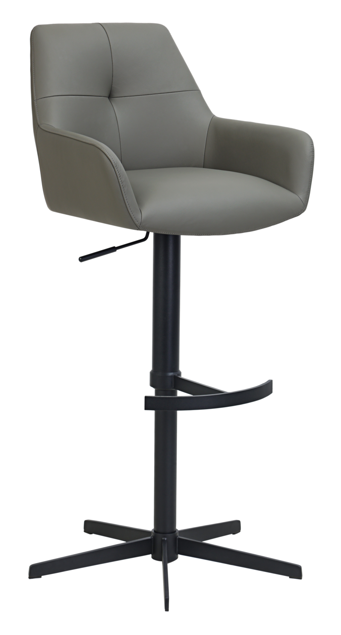 Novel Barhocker MEDUSA Moderner Barhocker mit gepolstertem Sitz und Rückenlehne in grauem Leder, schwarzem Metallgestell und Fußstütze, seitliche Perspektive