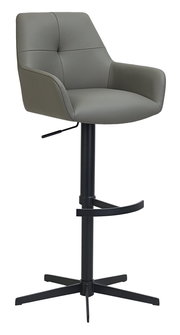 Moderner Barhocker mit gepolstertem Sitz und Rückenlehne in grauem Leder, schwarzem Metallgestell und Fußstütze, seitliche Perspektive