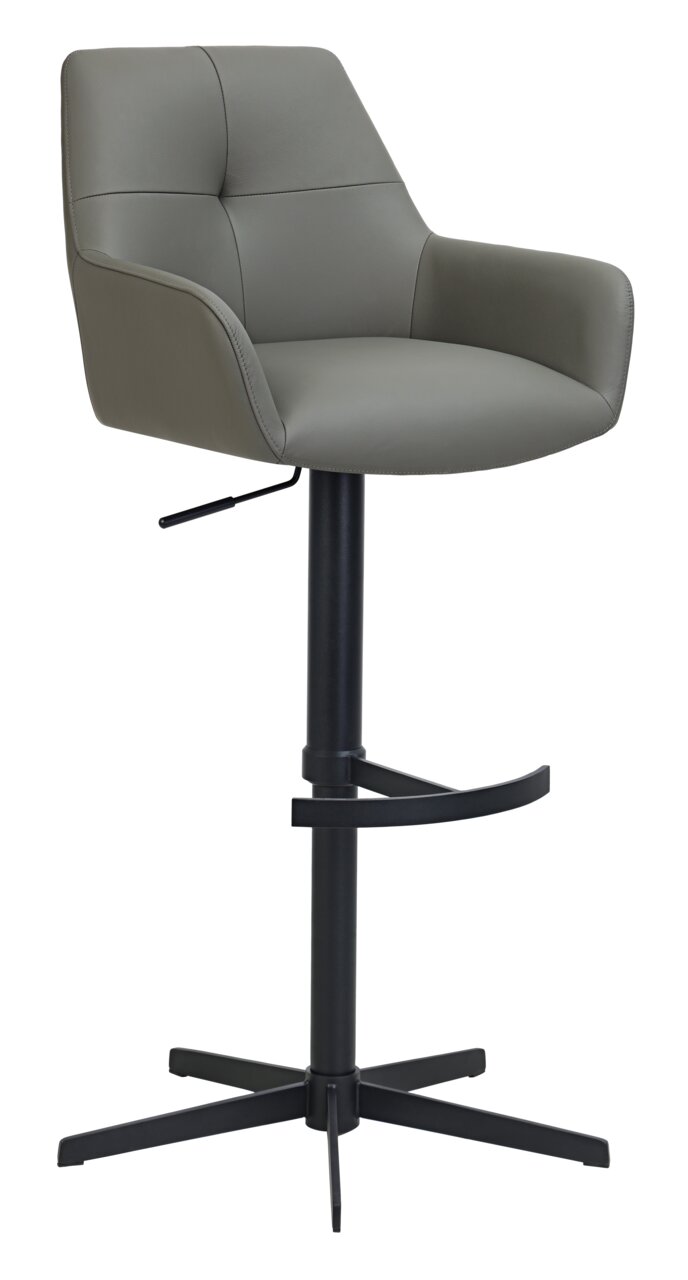 Novel Barhocker MEDUSA Moderner Barhocker mit gepolstertem Sitz und Rückenlehne in grauem Leder, schwarzem Metallgestell und Fußstütze, seitliche Perspektive