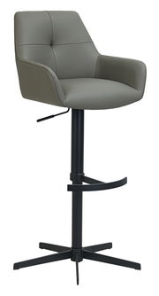 Moderner Barhocker mit gepolstertem Sitz und Rückenlehne in grauem Leder, schwarzem Metallgestell und Fußstütze, seitliche Perspektive