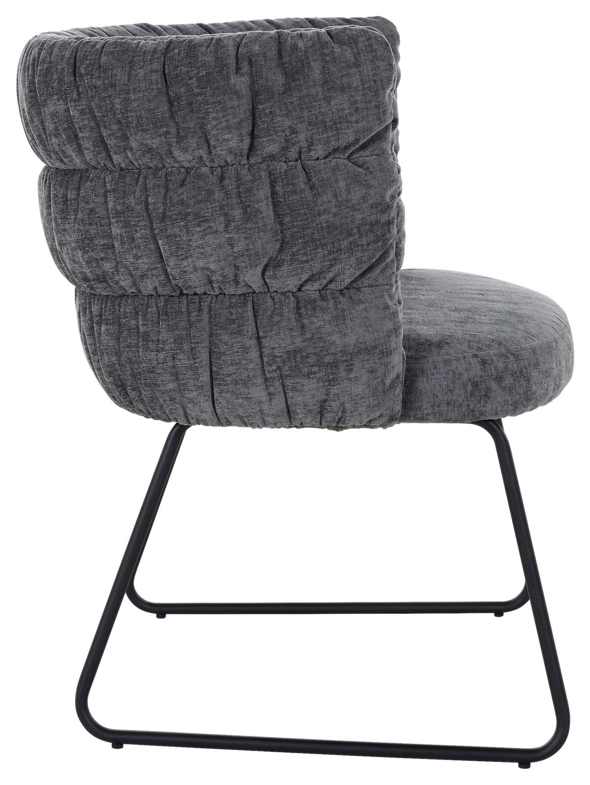 Grauer Armlehnstuhl MILA mit gepolsterter Rückenlehne und schwarzem Metallgestell, Seitenansicht