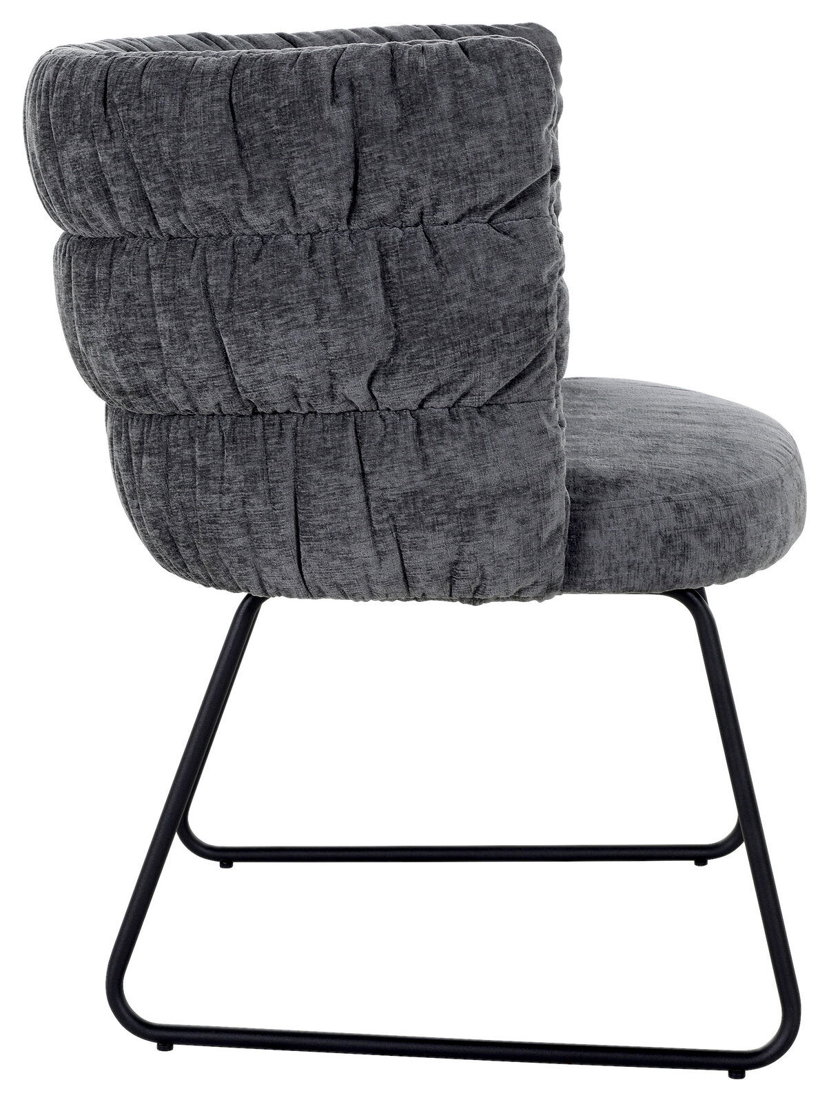 Grauer Armlehnstuhl MILA mit gepolsterter Rückenlehne und schwarzem Metallgestell, Seitenansicht
