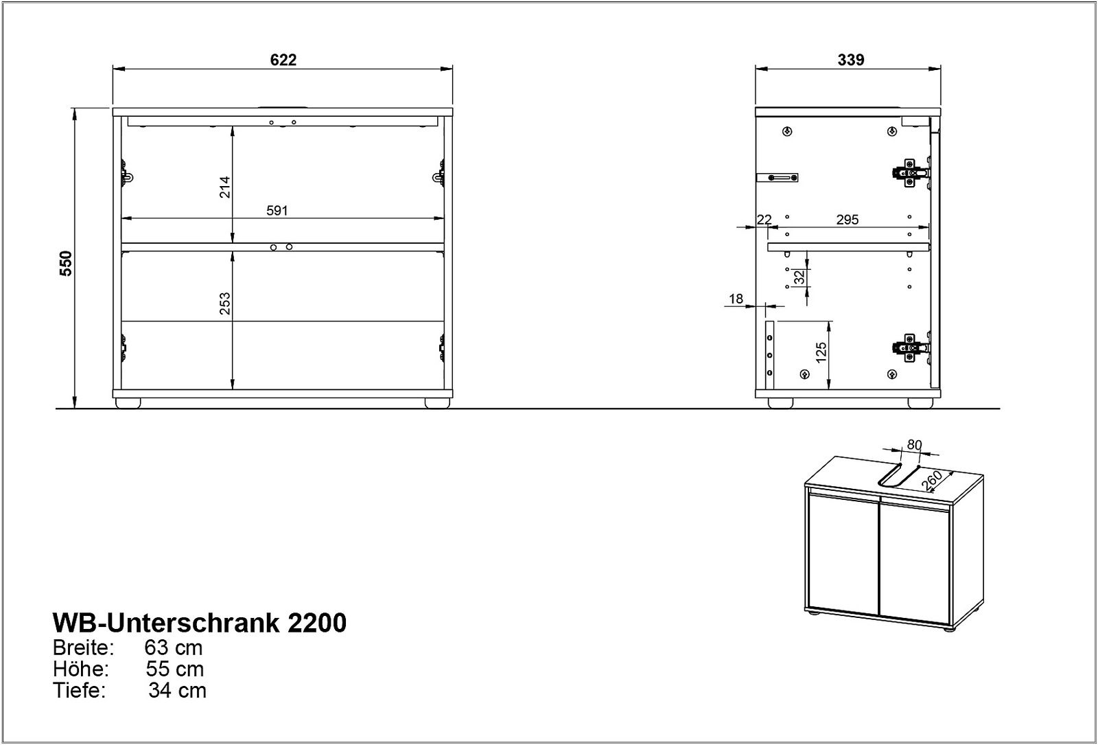 Technische Zeichnung eines Waschbeckenunterschranks mit den Maßen: Breite 63 cm, Höhe 55 cm, Tiefe 34 cm. Front- und Seitenansicht sowie perspektivische Darstellung.