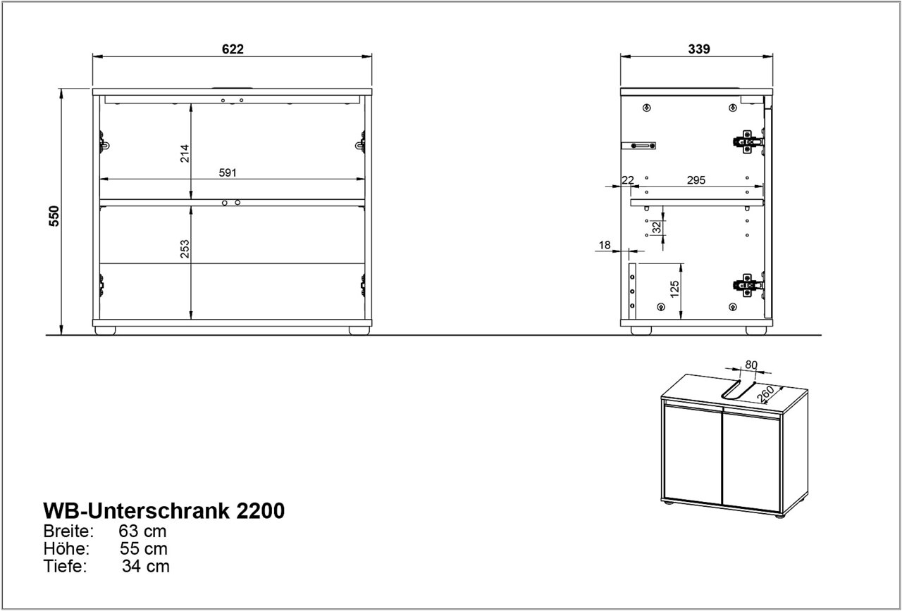 Technische Zeichnung eines Waschbeckenunterschranks mit den Maßen: Breite 63 cm, Höhe 55 cm, Tiefe 34 cm. Front- und Seitenansicht sowie perspektivische Darstellung.