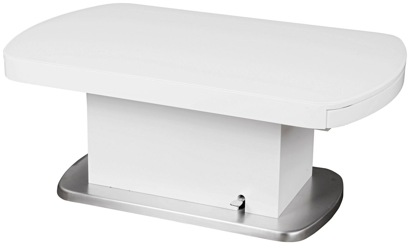 Moderner weißer Couchtisch mit abgerundeten Ecken und stabiler Basis, seitliche Perspektive