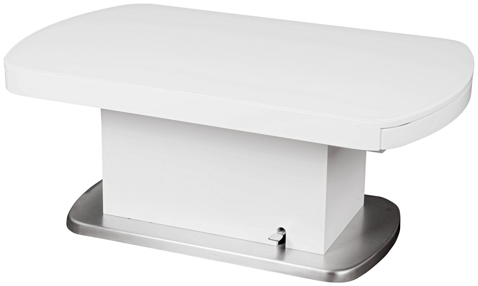 Moderner weißer Couchtisch mit abgerundeten Ecken und stabiler Basis, seitliche Perspektive