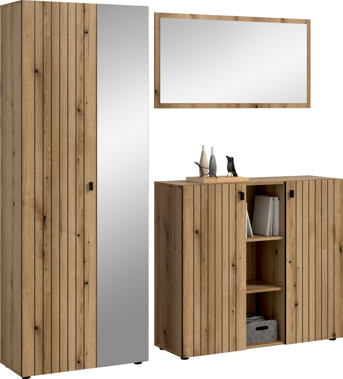 MID.YOU Garderobenkombination STATION Modernes Möbelset aus Holzoptik mit vertikaler Lamellenstruktur: hoher Schrank mit Spiegel-Front, breite Kommode mit offenen Regalfächern und Türen sowie rechteckiger Wandspiegel im Holzrahmen, gezeigt in frontaler Perspektive vor weißem Hintergrund.