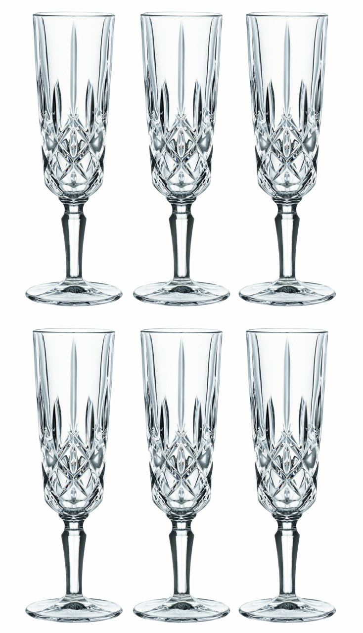 Nachtmann Champagnerglas 6er Set NOBLESSE Sechs elegante Champagnergläser aus Kristallglas mit detailliertem Schliff, frontal abgebildet.