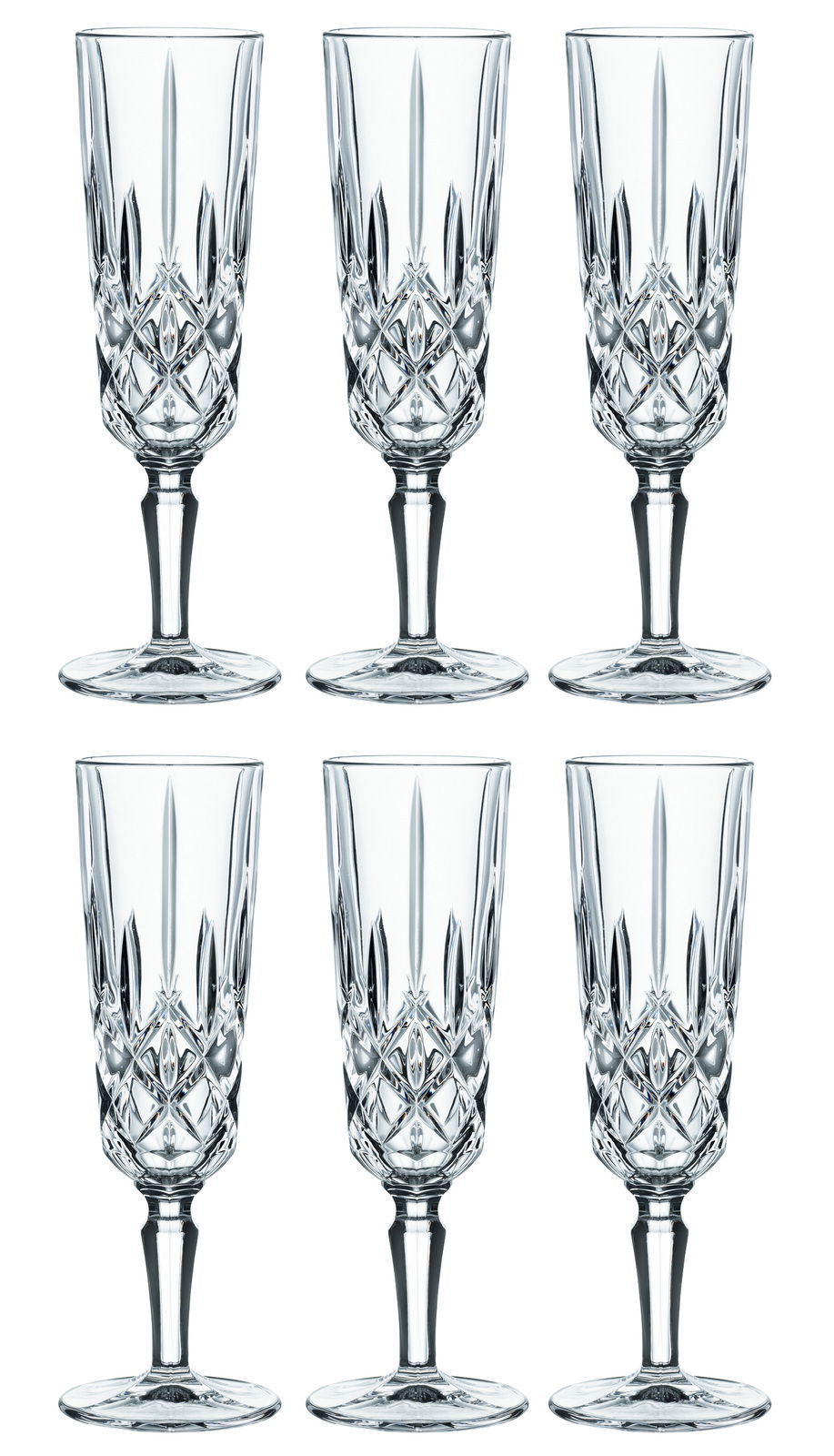 Sechs elegante Champagnergläser aus Kristallglas mit detailliertem Schliff, frontal abgebildet.