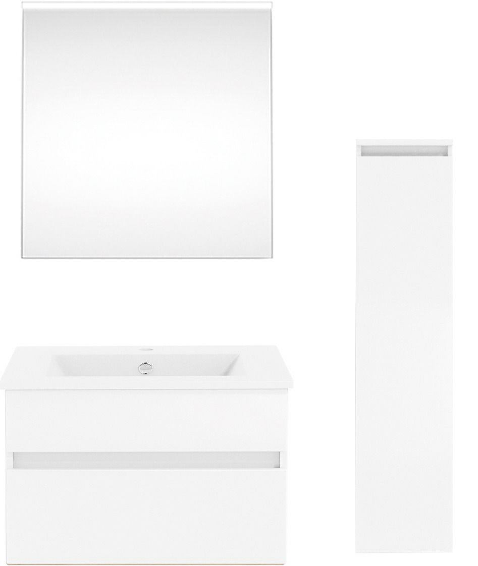 Moderne Badkombination aus der Serie NEXT4YOU von Puris, bestehend aus einem rechteckigen Spiegel, einem Waschbeckenunterschrank mit Schubladen und einem hohen, schmalen Schrank, alles in weißer Farbe, frontal abgebildet.
