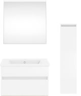 Moderne Badkombination aus der Serie NEXT4YOU von Puris, bestehend aus einem rechteckigen Spiegel, einem Waschbeckenunterschrank mit Schubladen und einem hohen, schmalen Schrank, alles in weißer Farbe, frontal abgebildet.