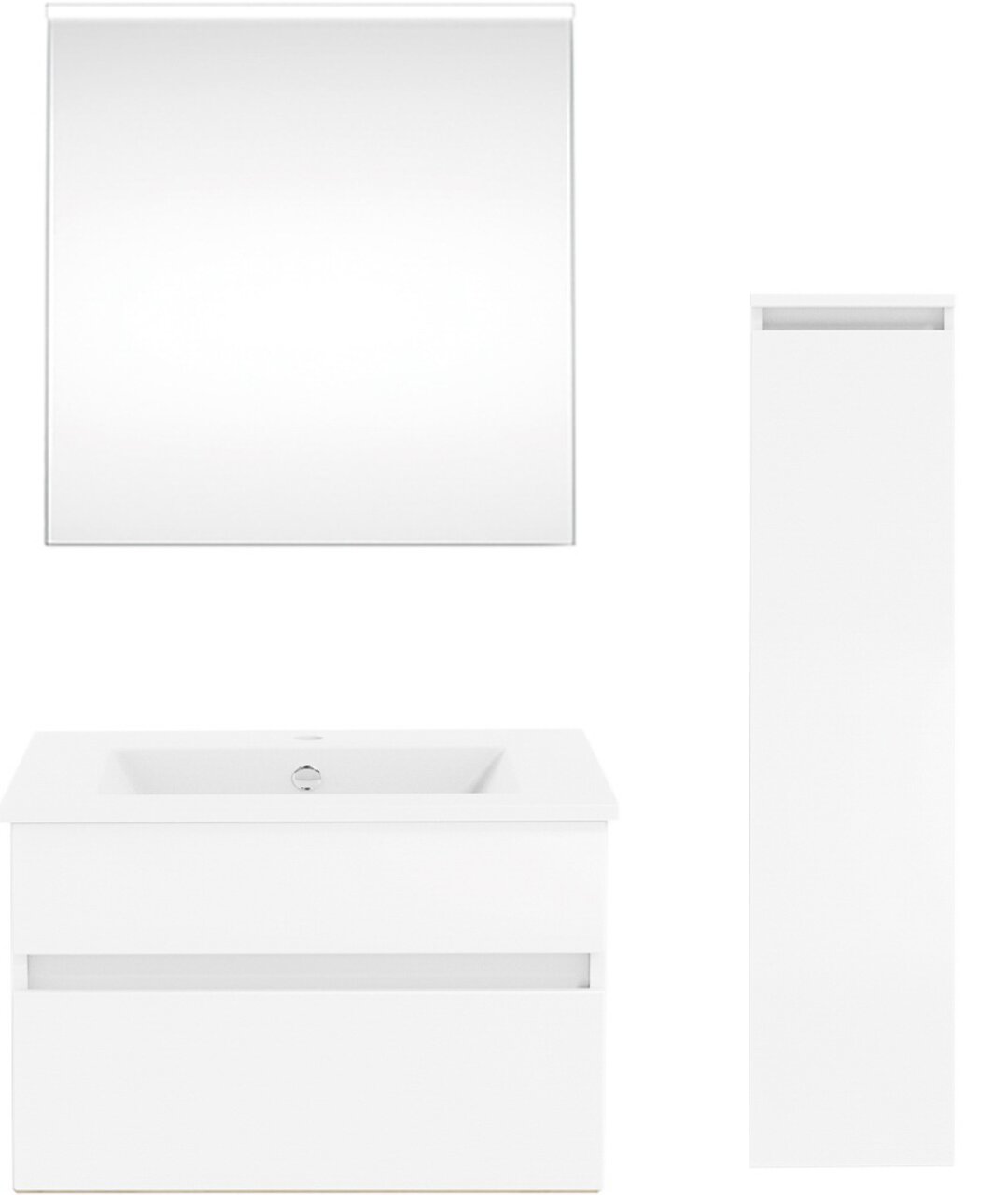 Moderne Badkombination aus der Serie NEXT4YOU von Puris, bestehend aus einem rechteckigen Spiegel, einem Waschbeckenunterschrank mit Schubladen und einem hohen, schmalen Schrank, alles in weißer Farbe, frontal abgebildet.