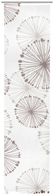 Fertigvorhang Clio mit stilisiertem Pusteblumenmuster in Braun- und Beigetönen, frontal betrachtet.