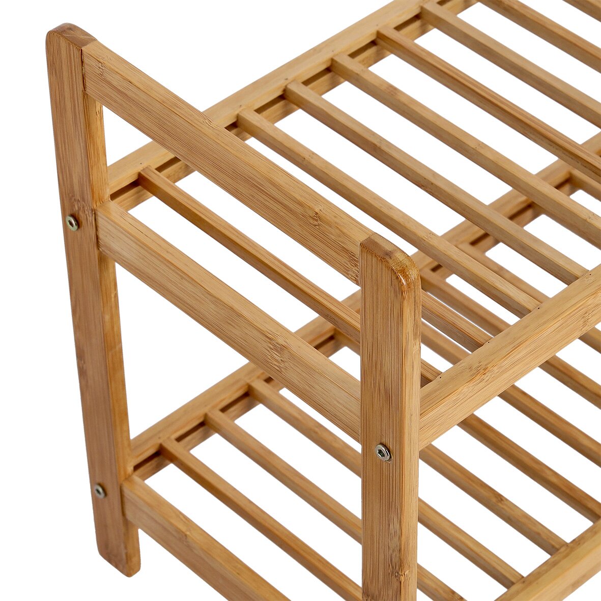 Schuhregal aus Holz mit zwei Ablagen, seitliche Perspektive