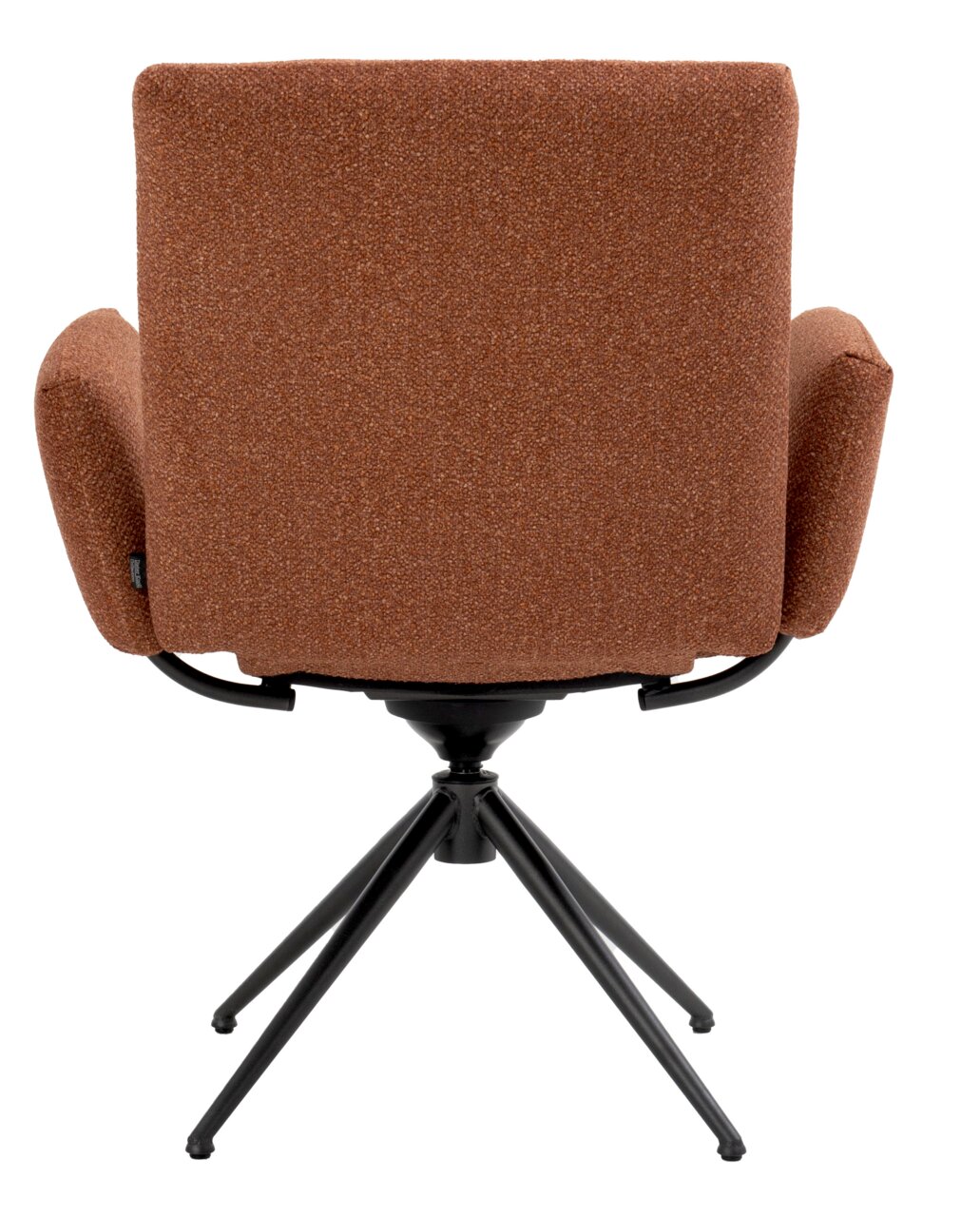 Achterkant van een bruine fauteuil met een zwart metalen frame en vier poten
