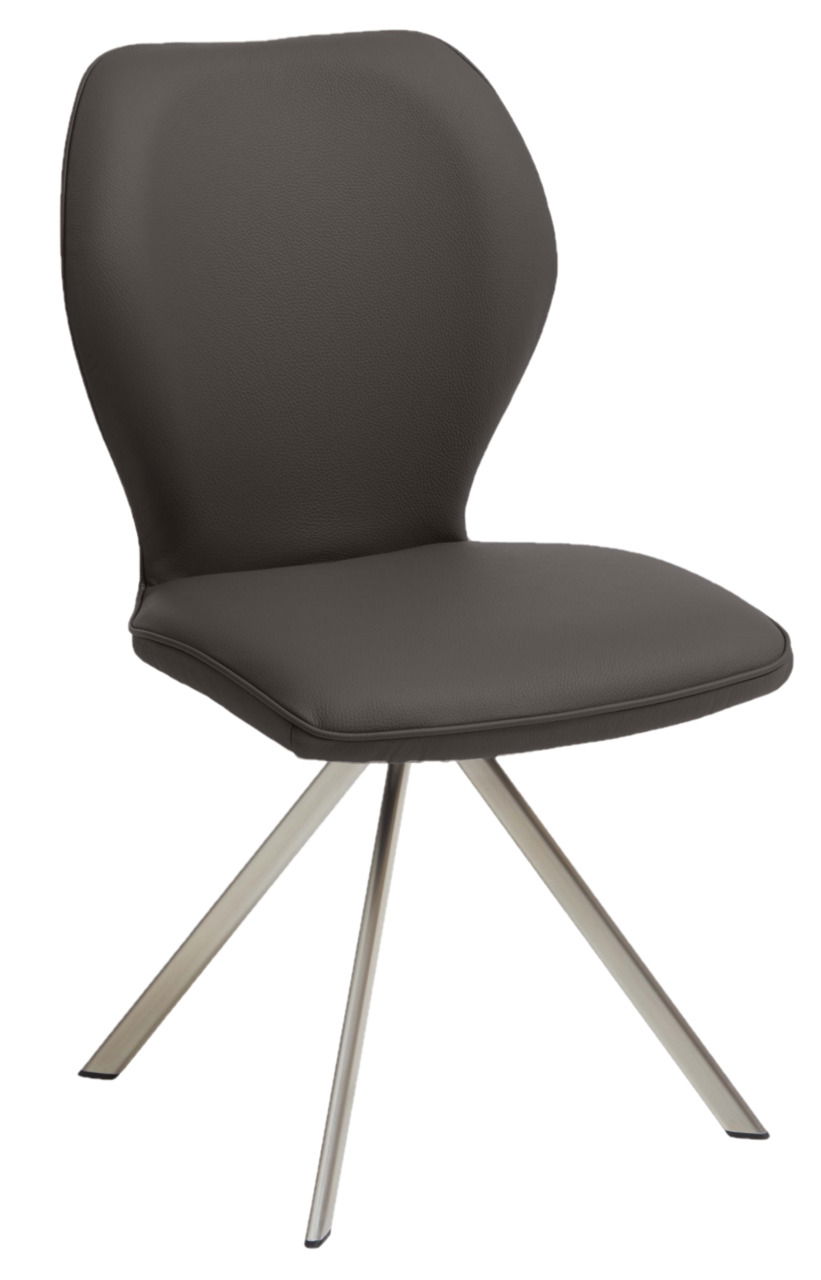 Moderner Stuhl mit dunkelgrauem Polster und Metallbeinen, seitliche Perspektive
