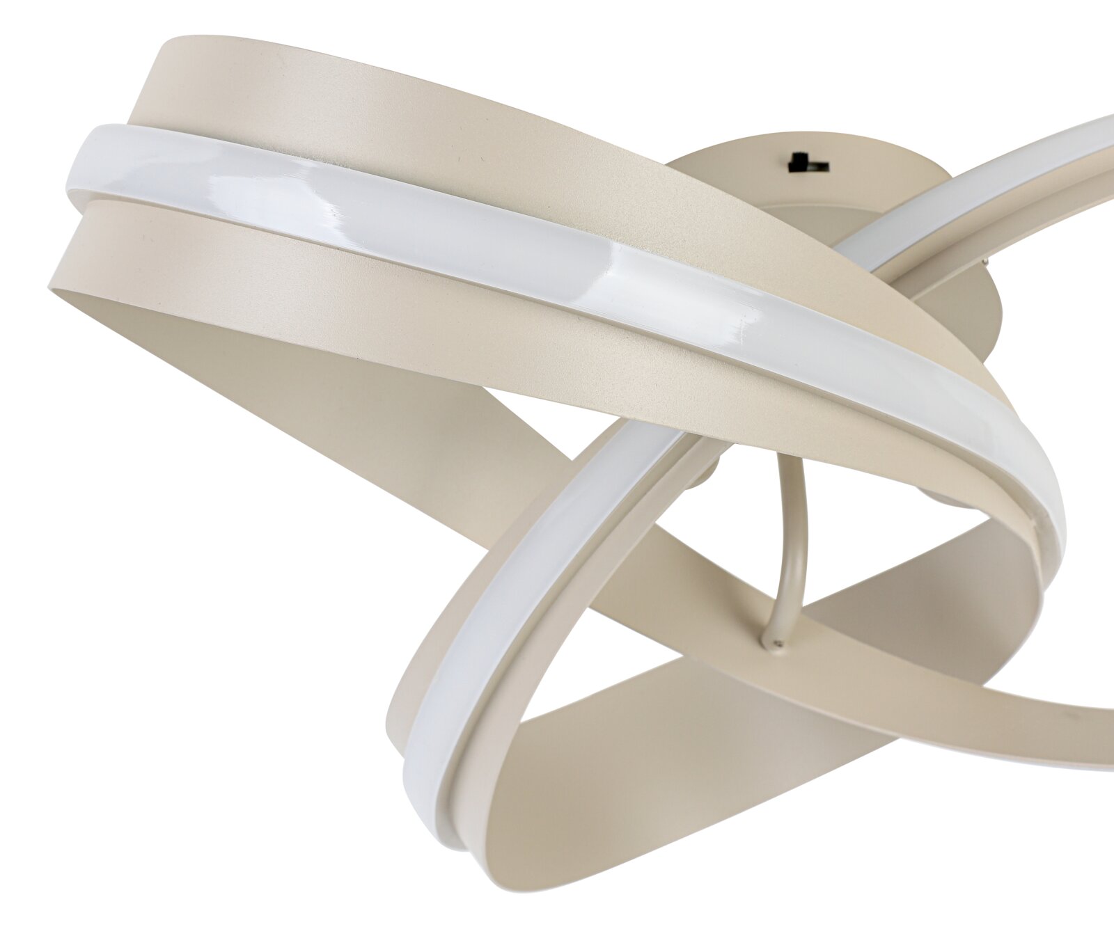 Moderne led-plafondlamp met een gebogen vormgeving, gezien vanaf de zijkant