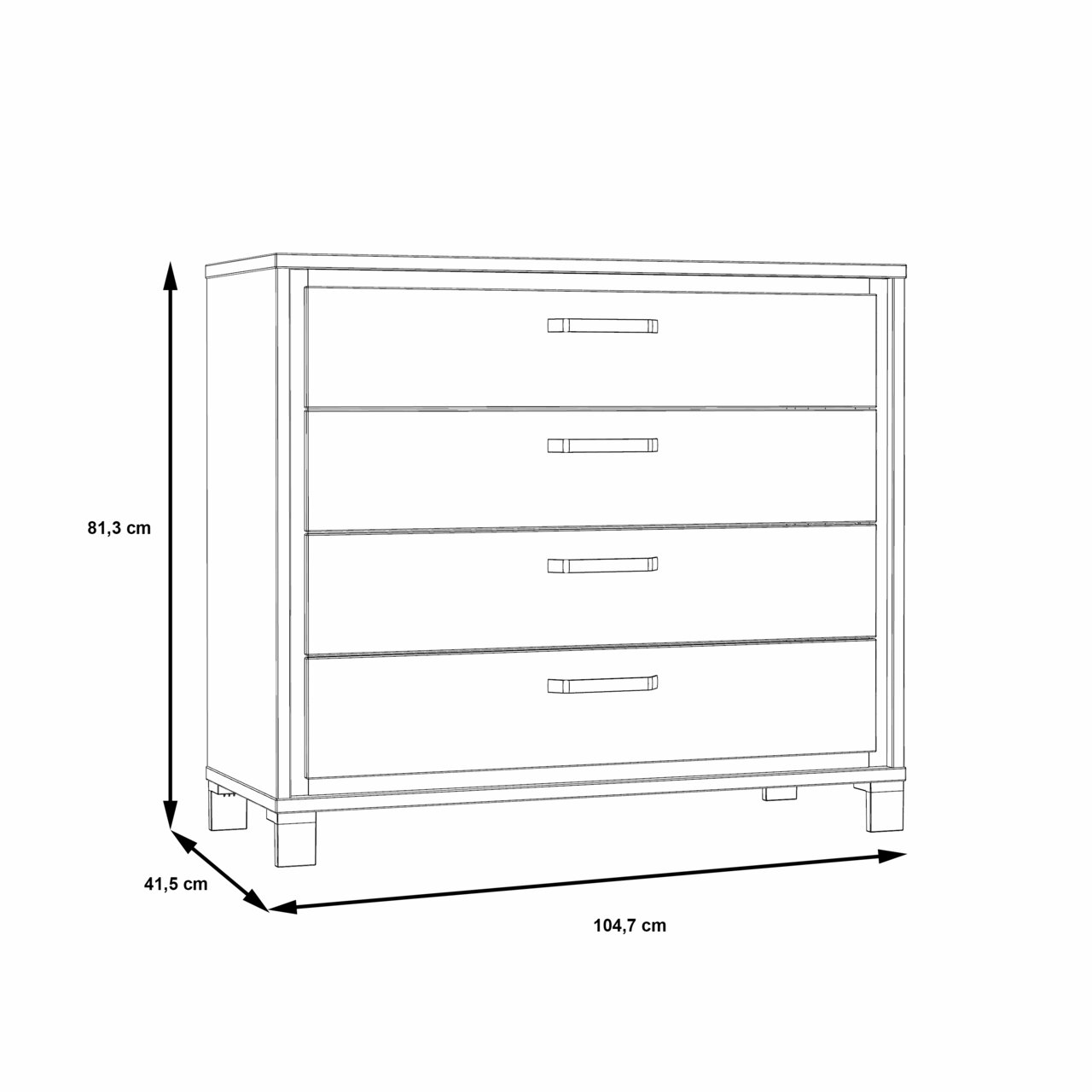Commode met vier lades, afmetingen: 81,3 cm hoog, 104,7 cm breed, 41,5 cm diep, zijaanzicht