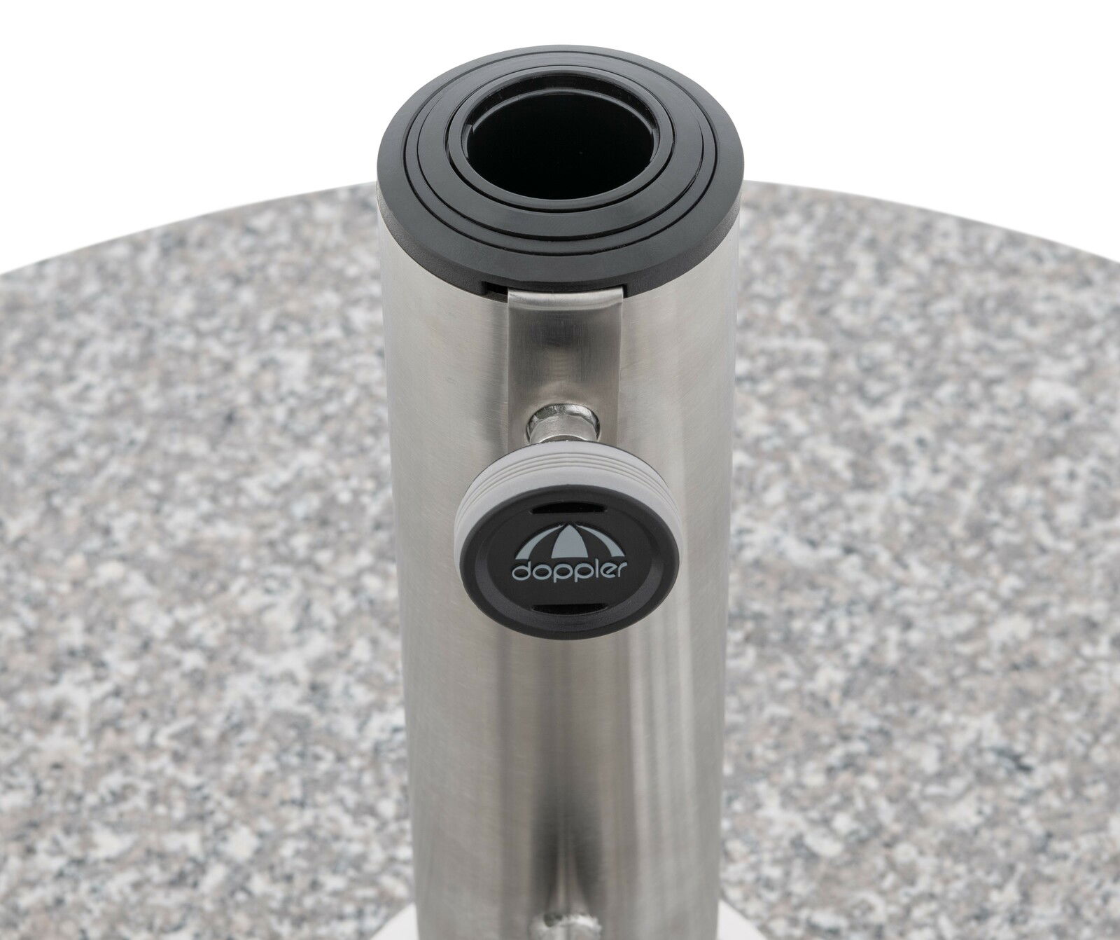 Granit-Sonnenschirmständer mit Edelstahlrohr und Click-it-System, Ansicht von oben.