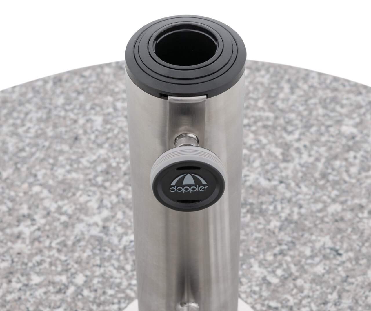 Granit-Sonnenschirmständer mit Edelstahlrohr und Click-it-System, Ansicht von oben.