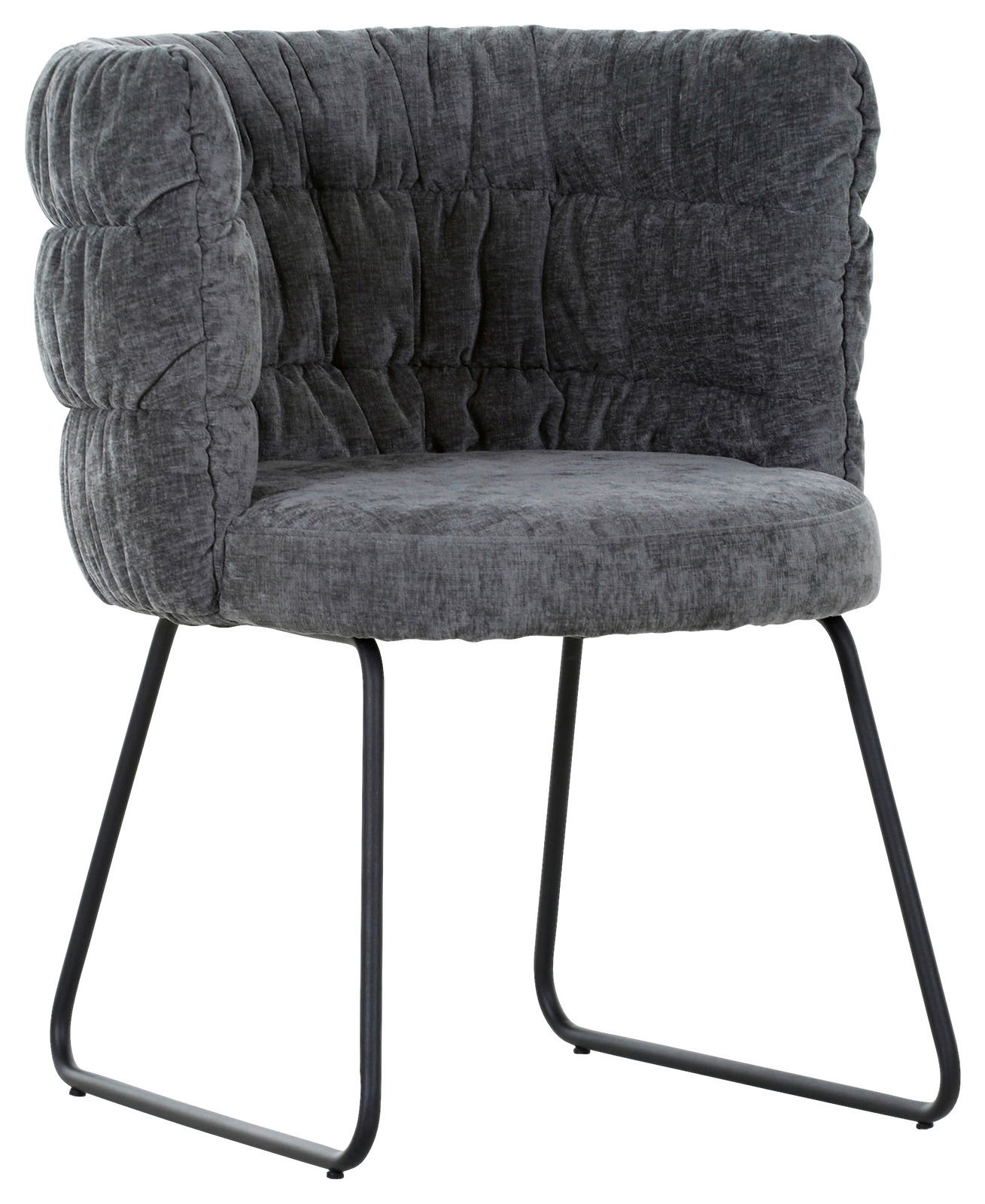 Z2 Armlehnstuhl MILA Grauer Armlehnstuhl mit gepolstertem Stoffbezug und schwarzen Metallbeinen, seitliche Perspektive