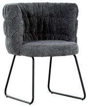 Grauer Armlehnstuhl mit gepolstertem Stoffbezug und schwarzen Metallbeinen, seitliche Perspektive