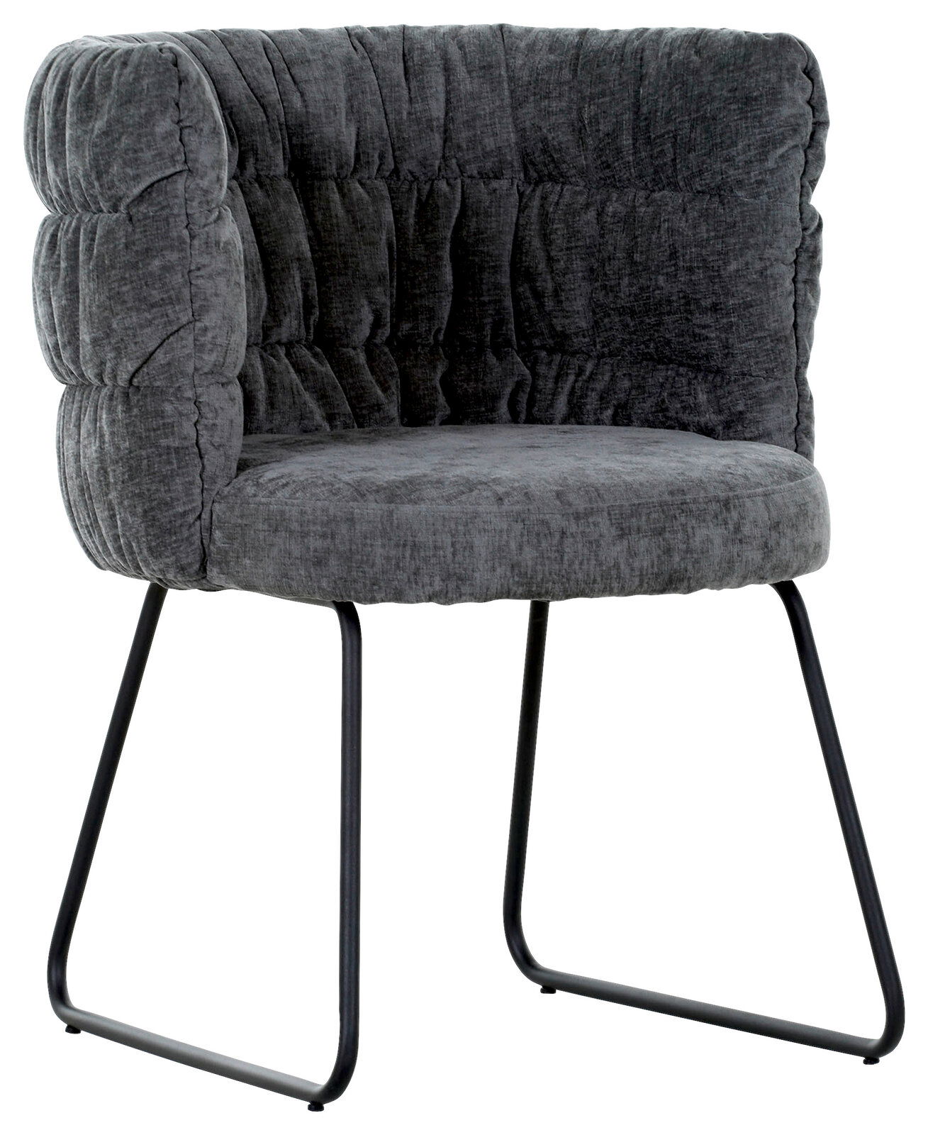 Grauer Armlehnstuhl mit gepolstertem Stoffbezug und schwarzen Metallbeinen, seitliche Perspektive