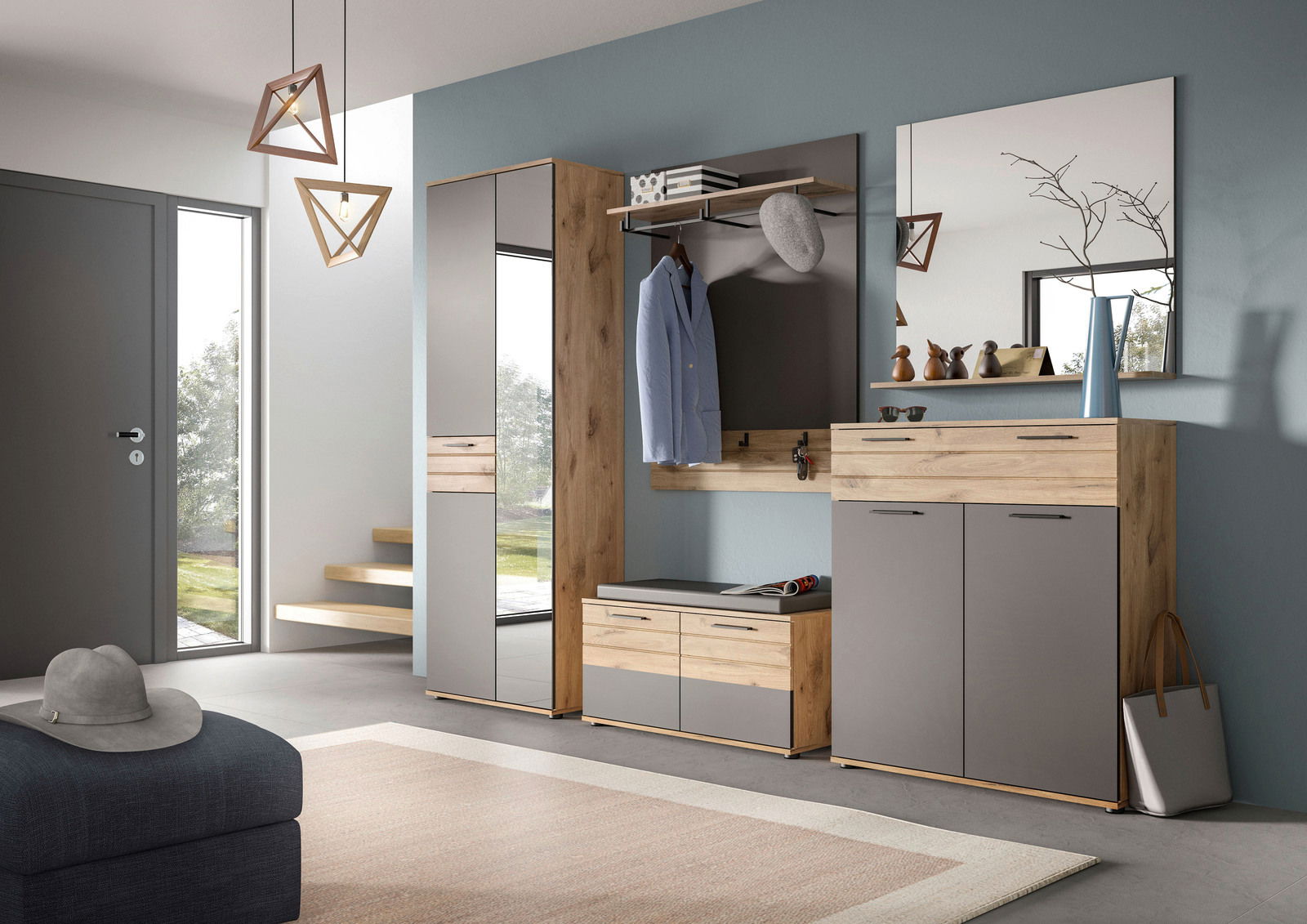 MID.YOU Garderobenschrank MASON Moderne Garderobenschrank-Kombination in Holzoptik mit Spiegel, Kleiderhaken und Stauraum, seitliche Perspektive