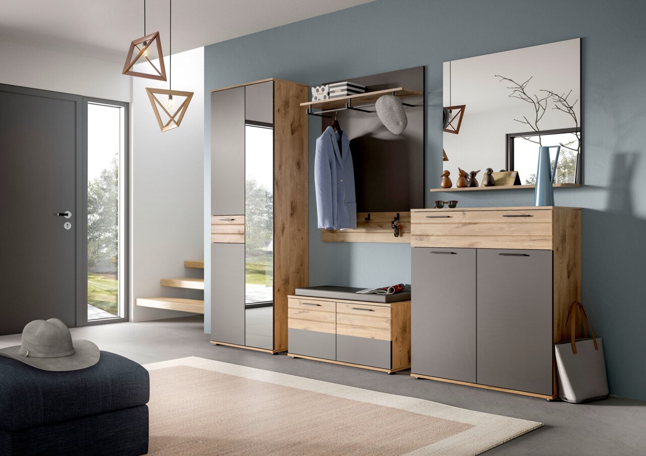 MID.YOU Garderobenschrank MASON Moderne Garderobenschrank-Kombination in Holzoptik mit Spiegel, Kleiderhaken und Stauraum, seitliche Perspektive