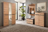 Garderoben-Set in moderner Holzoptik mit Spiegel, Schrank und Sitzbank, seitliche Perspektive