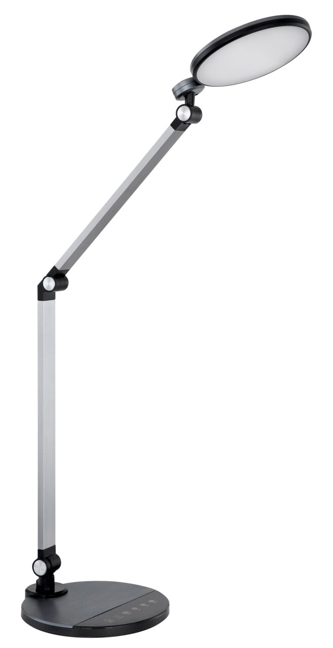 Moderne Tischleuchte mit verstellbarem Arm und rundem Lampenkopf, seitliche Perspektive