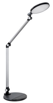 Moderne Tischleuchte mit verstellbarem Arm und rundem Lampenkopf, seitliche Perspektive