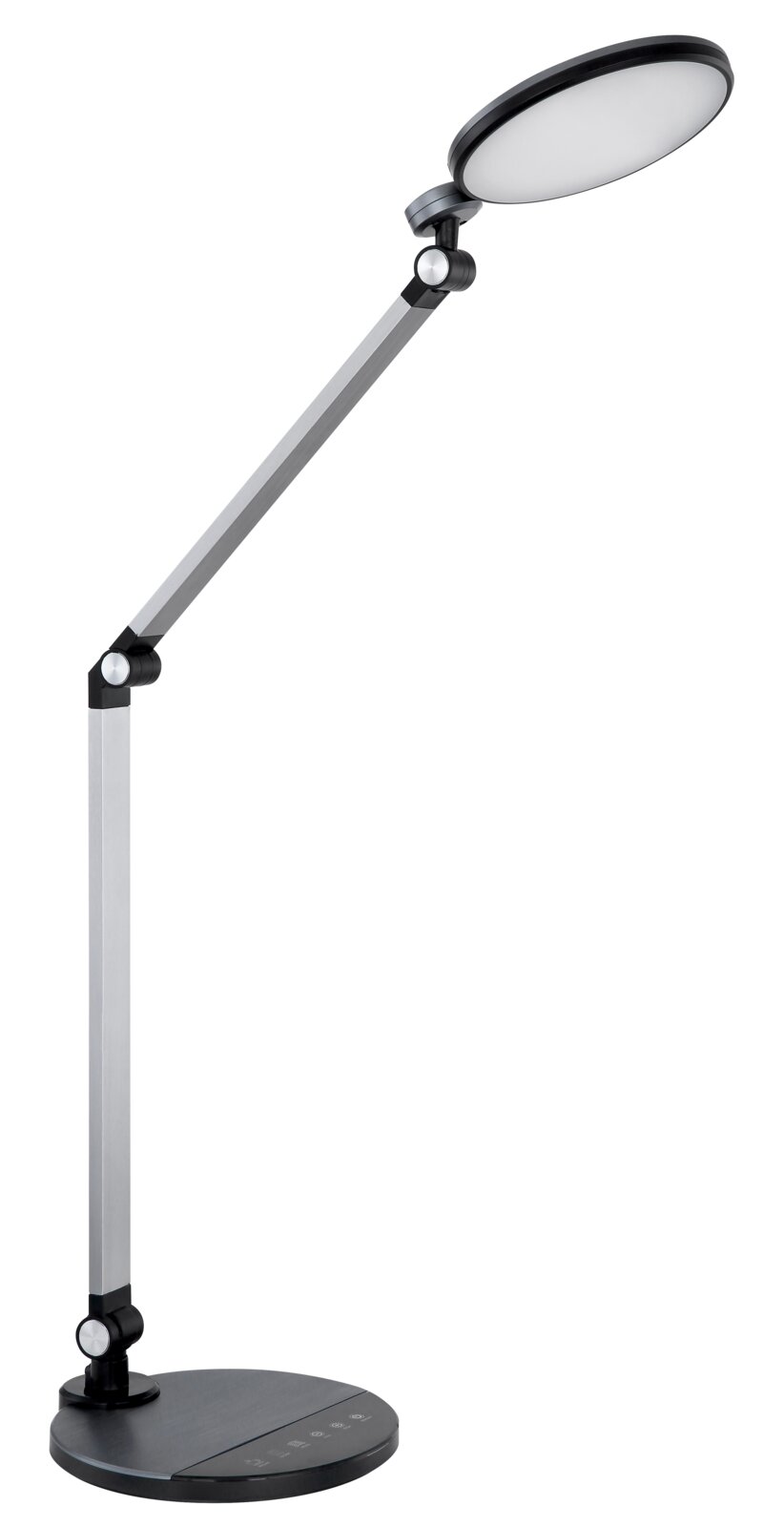 Moderne Tischleuchte mit verstellbarem Arm und rundem Lampenkopf, seitliche Perspektive