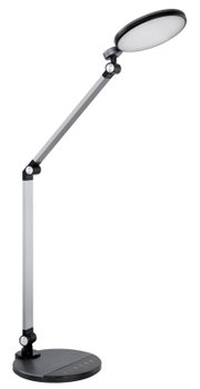 Moderne Tischleuchte mit verstellbarem Arm und rundem Lampenkopf, seitliche Perspektive