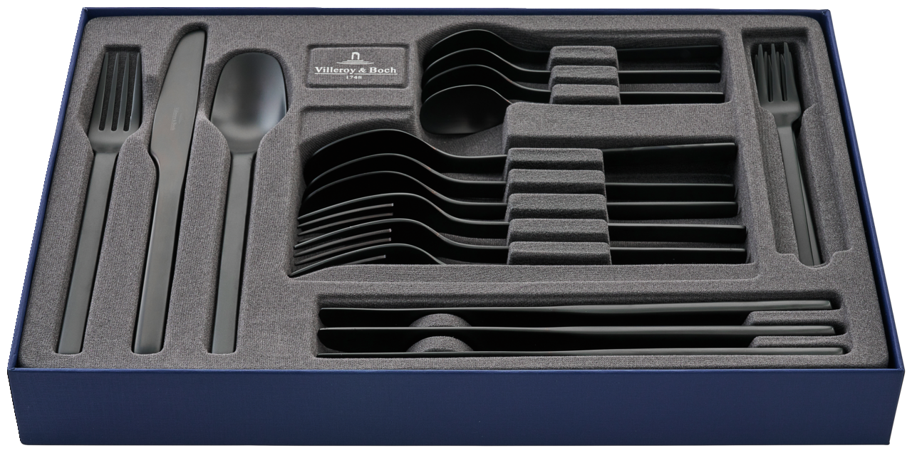 Ansicht von oben auf ein 20-teiliges Besteckset in einer eleganten Verpackung, bestehend aus Gabeln, Messern und Löffeln in modernem Design.