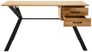 Moderner Schreibtisch aus Holz mit zwei offenen Schubladen und schwarzen Metallbeinen, Frontalansicht.