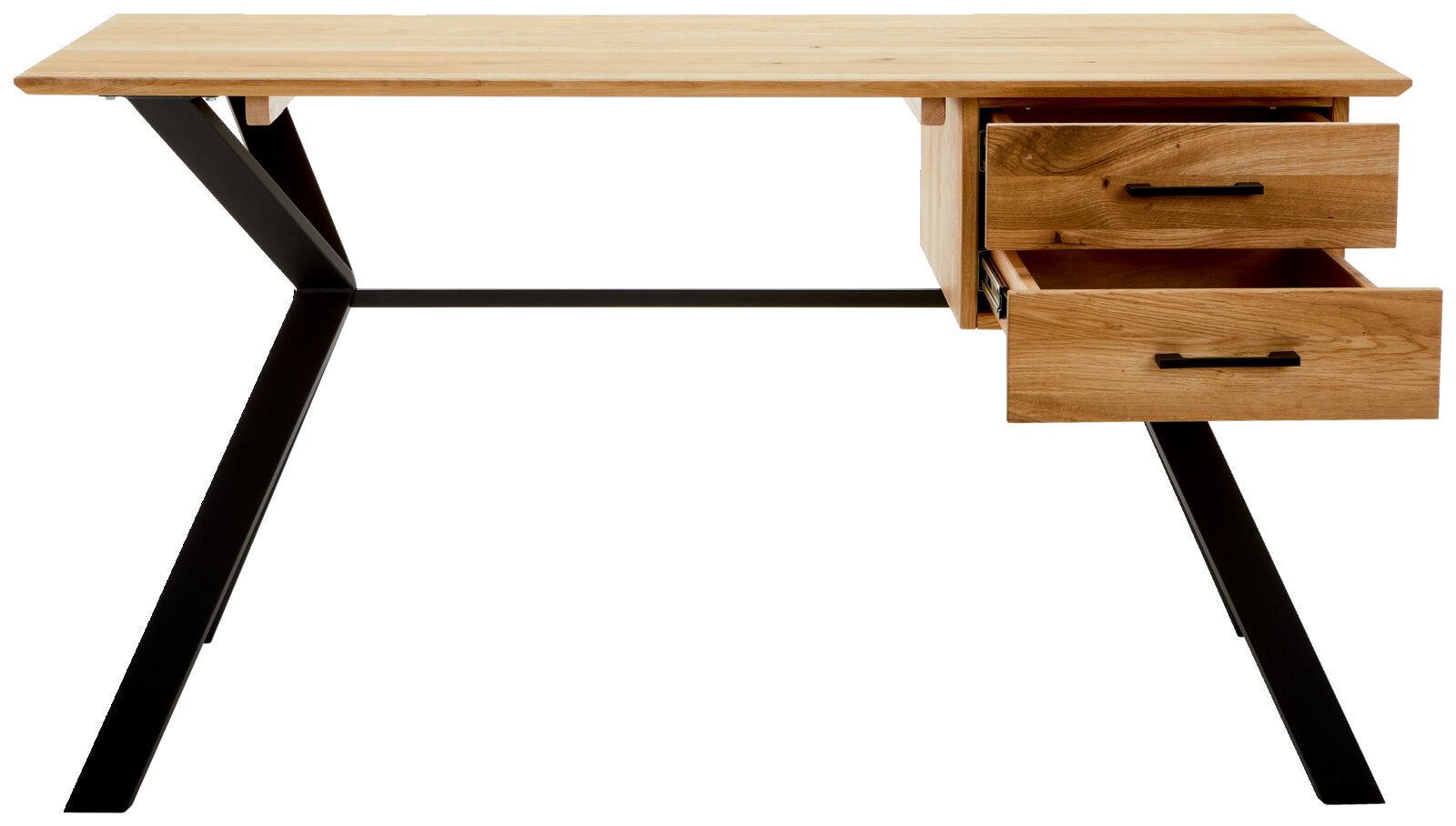 Modern houten bureau met twee open lades en zwarte metalen poten, gezien van voren.